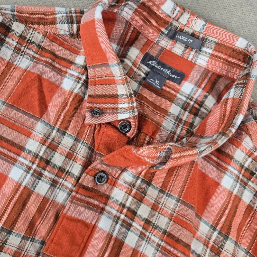 Eddie Bauer Mens XL Orange Plaid Flannel Shirt Classic Fit Fall heavy Cotton
